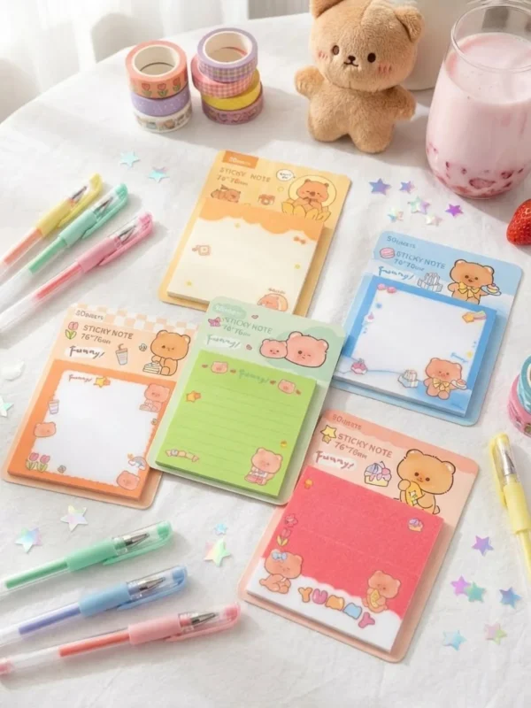 Nota Adhesiva Transparente con Brillos de 50 Hojas Diseño Osito Kawaii Colorido