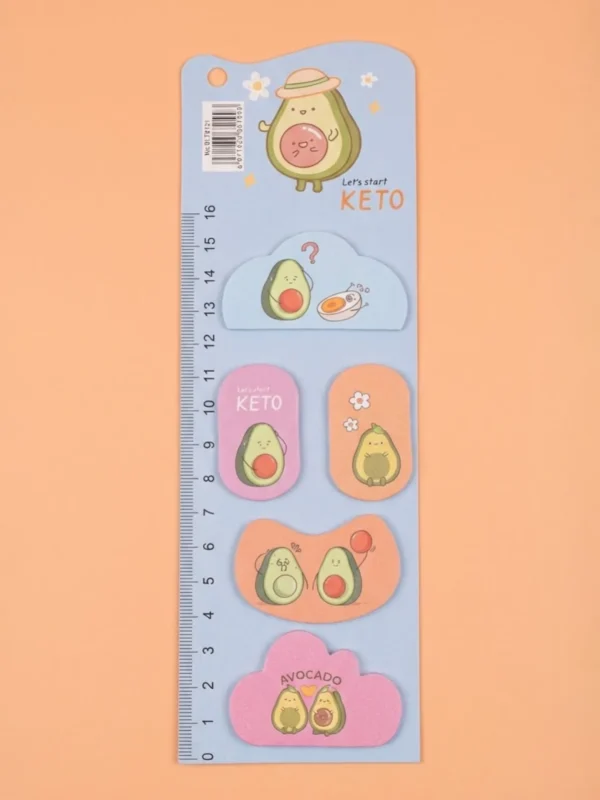 Planilla de Notas Adhesivas con Regla Kawaii de Aguacate