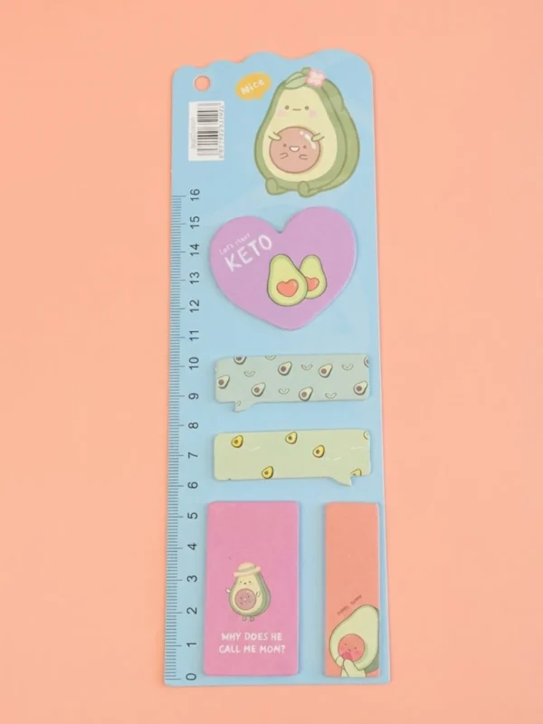 Planilla de Notas Adhesivas con Regla Kawaii de Aguacate
