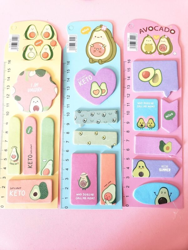 Planilla de Notas Adhesivas con Regla Kawaii de Aguacate